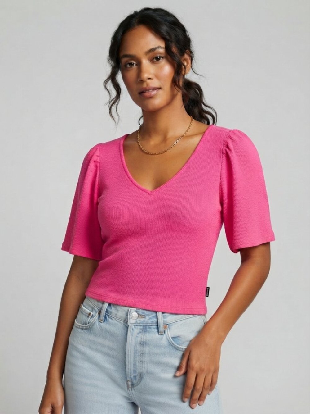 Buffalo David Bitton Clotilde V-Neck Puff Sleeve Top NWT Fuchsia XL
